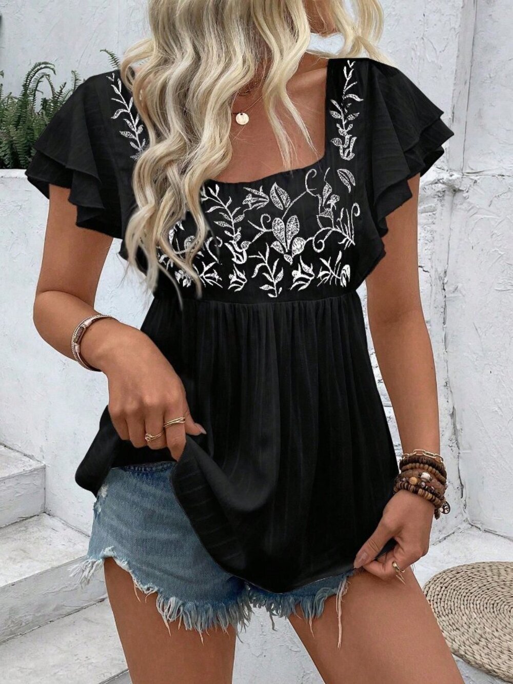 Women's black Square Neck Embroidered Short Sleeve Shirt Peplum Top